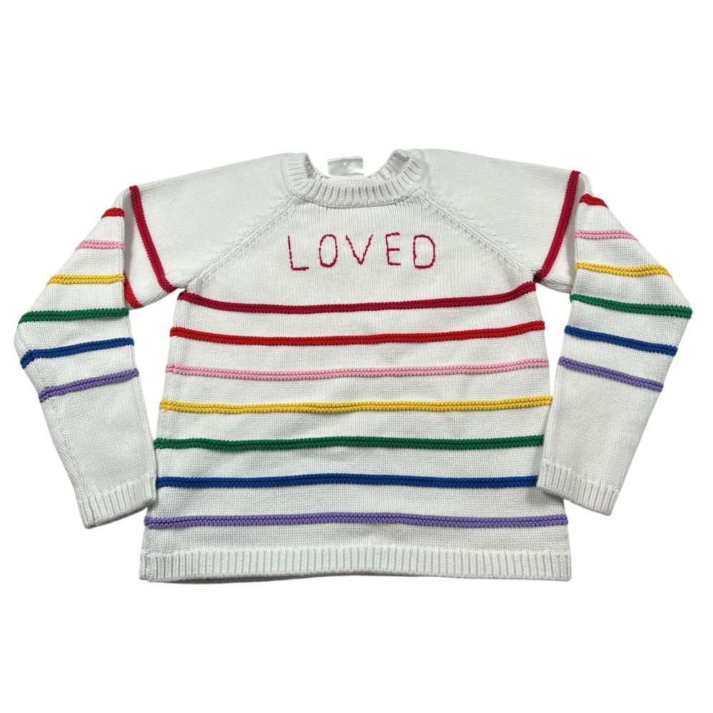 Hanna Andersson Kids Loved Rainbow Stripe Sweater Size 10 White Cotton Knit